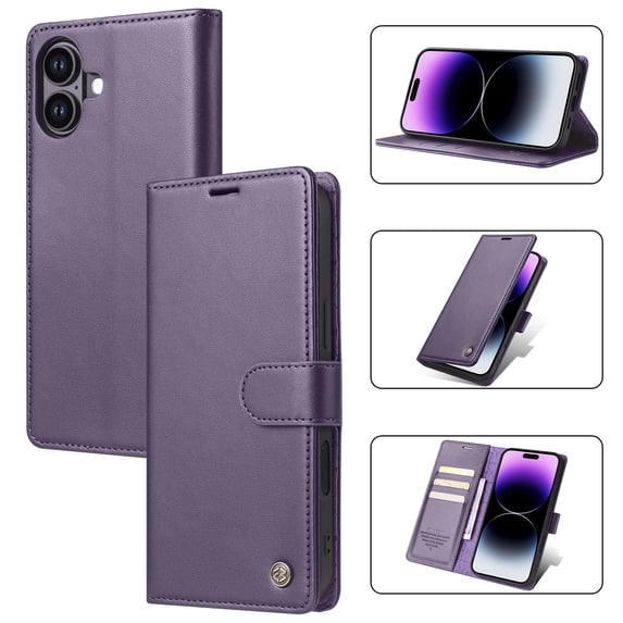 Allytechgroup RFID Blocking Leather Flip Wallet Cell Phone Case with 1 Case for Apple iPhone 16 Purple