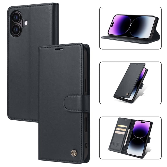 Allytechgroup Flip Wallet Case for iPhone 16, with Credit Card Slots, Magnetic Clasp, Slim Thin RFID Blocking Premium PU Leather Shockproof Kickstand Cover Case for Women Men, Black