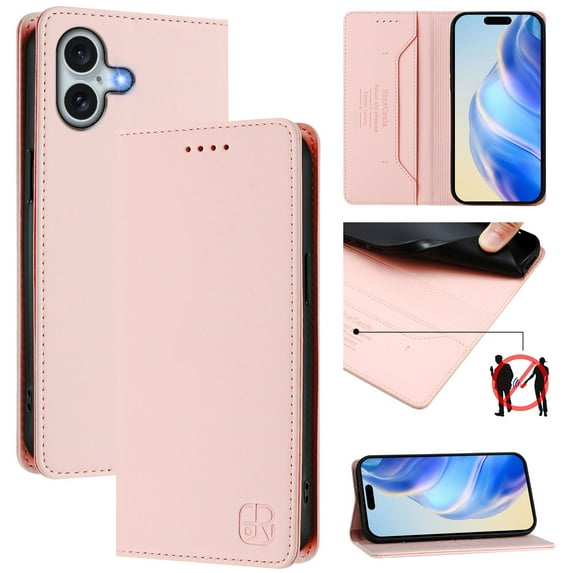 Allytechgroup Flip Wallet Case for iPhone 16 Plus, Compatible with MagSafe RFID Blocking PU Leather Shell with Credit Card Slot Shockproof Protective Back Cover for iPhone 16 Plus, Pink