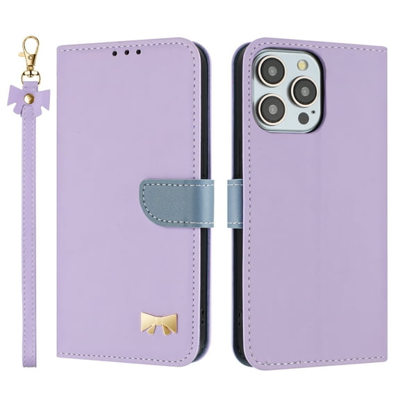 Allytechgroup Flip Wallet Case for iPhone 16 Pro, RFID Blocking PU Leather Phone Case with Credit Card Slot Shoulder Strap Wrist Strap Shockproof Back Cover for iPhone 16 Pro, Purple