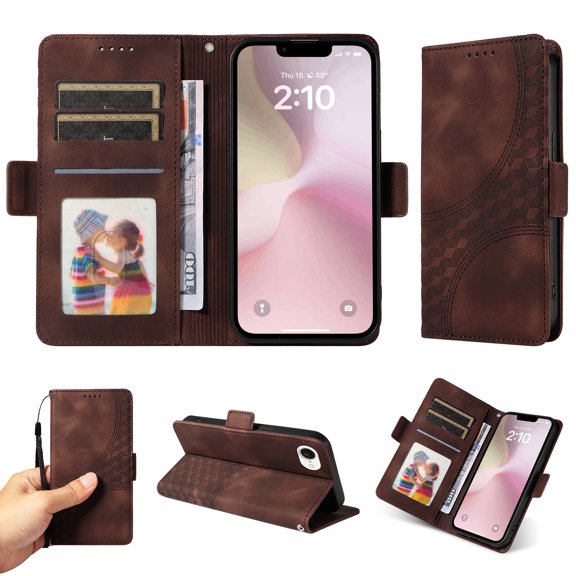 Allytechgroup Flip Wallet Case for iPhone 16e, Premium PU Leather Stylish Pattern Stand Feature Cards Holder Hand Wrist Bumper Phone Case for iPhone 16e, Coffee