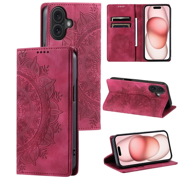 Allytechgroup Flip Wallet Case for iPhone 17, Built-in Credit Card Slot RFID Blocking PU Leather Rugged Stand Case Shockproof Protective Back Cover for iPhone 17, Red