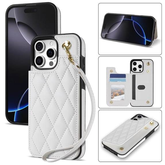 Allytechgroup Flip Wallet Case for iPhone 17 Pro with Cards Holder, Slim Lightweight PU Leather Phone Case with Lanyard Kickstand Shockproof Protective Back Cover for iPhone 17 Pro, White