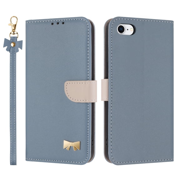 Allytechgroup Flip Wallet Case for iPhone 7 / 8 / SE 2022 & 2020, RFID Blocking PU Leather Phone Case with Credit Card Slot Shoulder Strap Wrist Strap Shockproof Back Cover for Women Girls, Blue