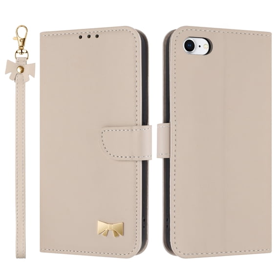 Allytechgroup Flip Wallet Case for iPhone 7 / 8 / SE 2022 & 2020, RFID Blocking PU Leather Phone Case with Credit Card Slot Shoulder Strap Wrist Strap Shockproof Back Cover for Women Girls, Apricot