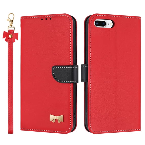 Allytechgroup Flip Wallet Case for iPhone 8 Plus/7 Plus, RFID Blocking PU Leather Phone Case with Credit Card Slot Shoulder Strap Wrist Strap Shockproof Back Cover for iPhone 8 Plus/7 Plus, Red