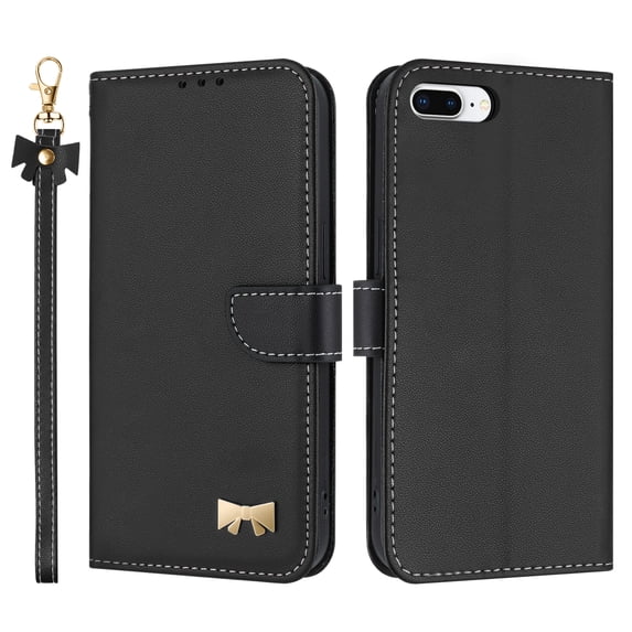 Allytechgroup Flip Wallet Case for iPhone 8 Plus/7 Plus, RFID Blocking PU Leather Phone Case with Credit Card Slot Shoulder Strap Wrist Strap Shockproof Back Cover for iPhone 8 Plus/7 Plus, Black