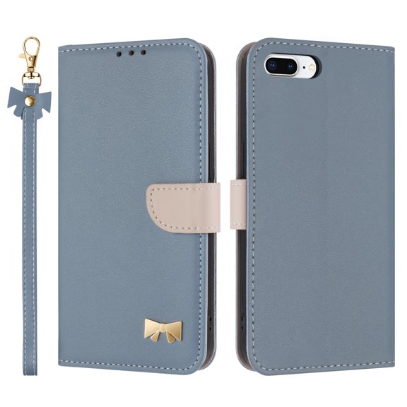 Allytechgroup Flip Wallet Case for iPhone 8 Plus/7 Plus, RFID Blocking PU Leather Phone Case with Credit Card Slot Shoulder Strap Wrist Strap Shockproof Back Cover for iPhone 8 Plus/7 Plus, Blue