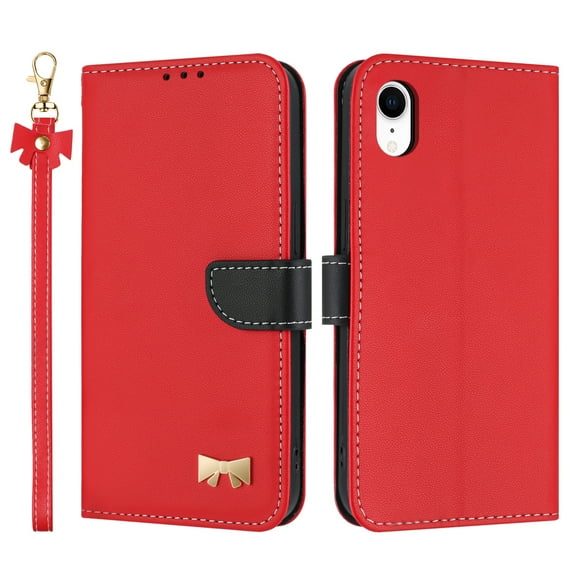 Allytechgroup Flip Wallet Case for iPhone XR, RFID Blocking PU Leather Phone Case with Credit Card Slot Shoulder Strap Wrist Strap Shockproof Back Cover for iPhone XR, Red