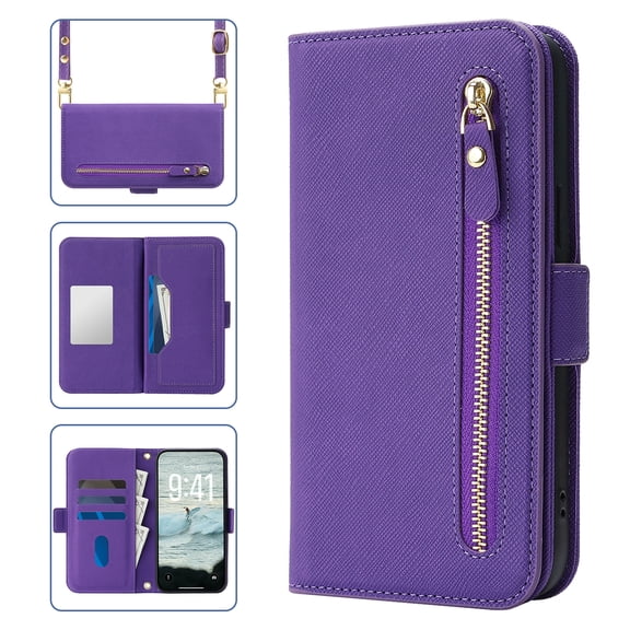 Allytechgroup Flip Wallet Phone Case for Apple iPhone 17 Pro Max, with Makeup Mirror Zipper Pocket Cards Slots Crossbody Shoulder Strap Protective Cover for Women, Purple