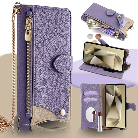 Allytechgroup Flip Wallet Phone Case for Moto G Power 5G 2024 with Credit Card Slot, Shoulder Strap PU Leather Zipper Wallet Phone Case Shockproof Full Body Cover for Women Girls, Purple