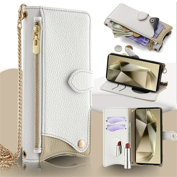 Allytechgroup Flip Wallet Phone Case for Moto G Stylus 5G (2025) with Credit Card Slot, Shoulder Strap PU Leather Zipper Wallet Phone Case Shockproof Full Body Cover Rugged for Women Girls, White