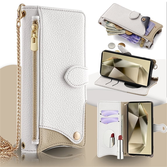 Allytechgroup Flip Wallet Phone Case for Motorola G Stylus 5G (2024) with Credit Card Slot, Shoulder Strap PU Leather Zipper Wallet Phone Case Shockproof Full Body Cover for Women Girls, White