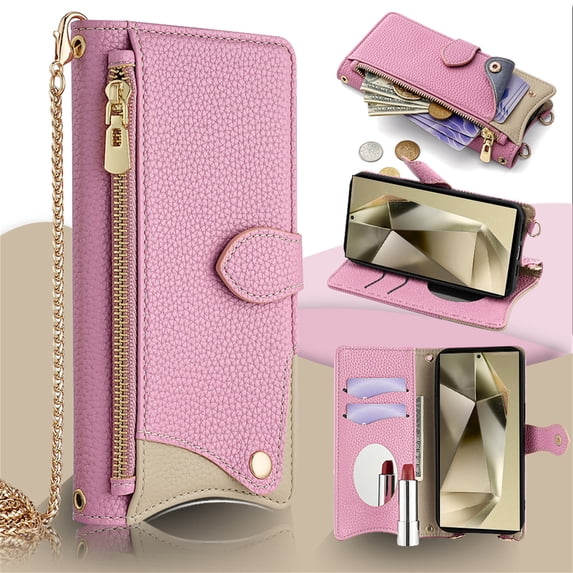 Allytechgroup Flip Wallet Phone Case for Samsung Galaxy A13 5G with Credit Card Slot, Shoulder Strap PU Leather Zipper Wallet Phone Case Shockproof Full Body Cover for Women Girls, Pink