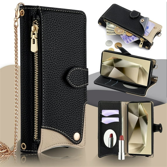 Allytechgroup Flip Wallet Phone Case for Samsung Galaxy A14 5G with Credit Card Slot, Shoulder Strap PU Leather Zipper Wallet Phone Case Shockproof Full Body Cover for Women Girls, Black