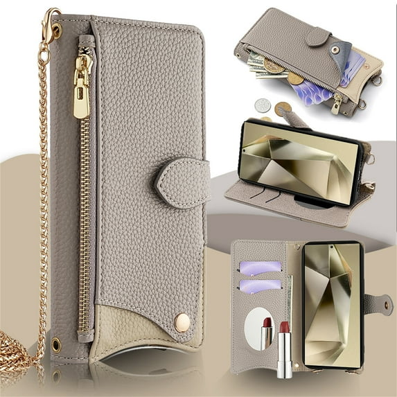 Allytechgroup Flip Wallet Phone Case for Samsung Galaxy A15 with Credit Card Slot, Shoulder Strap PU Leather Zipper Wallet Phone Case Shockproof Full Body Cover for Women Girls, Gray