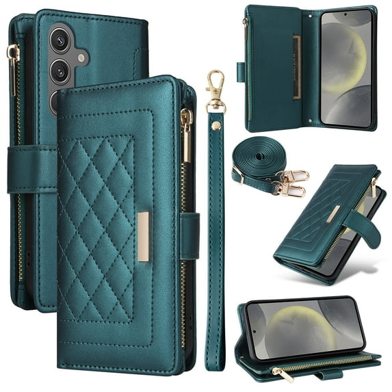 Allytechgroup Flip Wallet Phone Case for Samsung Galaxy S24 FE, Shockproof Case with Credit Card Slot Shoulder Strap Lanyard Zipper PU Leather Phone Case for Women Girls, Darkgreen