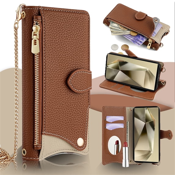 Allytechgroup Flip Wallet Phone Case for Samsung Galaxy S25 Ultra with Credit Card Slot, Shoulder Strap PU Leather Zipper Wallet Phone Case Shockproof Full Body Cover for Women Girls, Brown