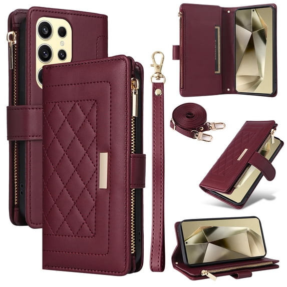 Allytechgroup Flip Wallet Phone Case for Samsung Galaxy S25 Ultra, Shockproof Case with Credit Card Slot Shoulder Strap Lanyard Zipper PU Leather Phone Case for Women Girls, Winered