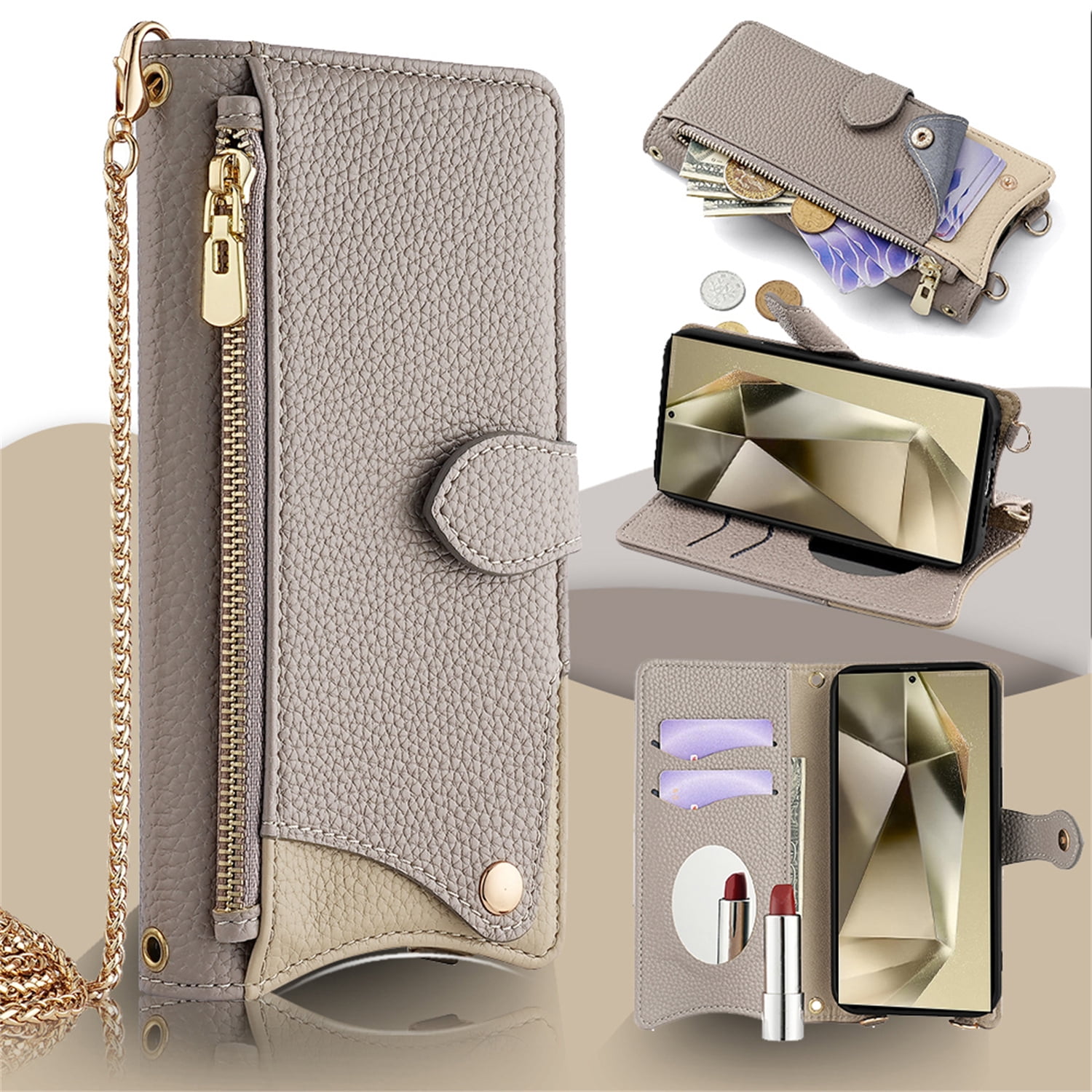 Allytechgroup Flip Wallet Phone Case for Samsung Galaxy S26 Ultra with Credit Card Slot, Shoulder Strap PU Leather Zipper Wallet Phone Case Shockproof Full Body Cover for Women Girls, Gray