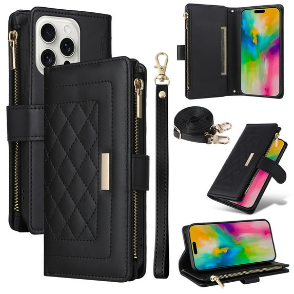 Allytechgroup Flip Wallet Phone Case for iPhone 16 Pro Max, Shockproof Case with Credit Card Slot Shoulder Strap Lanyard Zipper PU Leather Phone Case for Women Girls, Black
