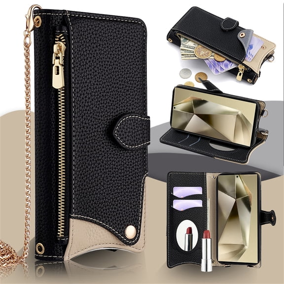 Allytechgroup Flip Wallet Phone Case for iPhone 17 with Credit Card Slot, Shoulder Strap PU Leather Zipper Wallet Phone Case Shockproof Full Body Cover Rugged for Women Girls, Black