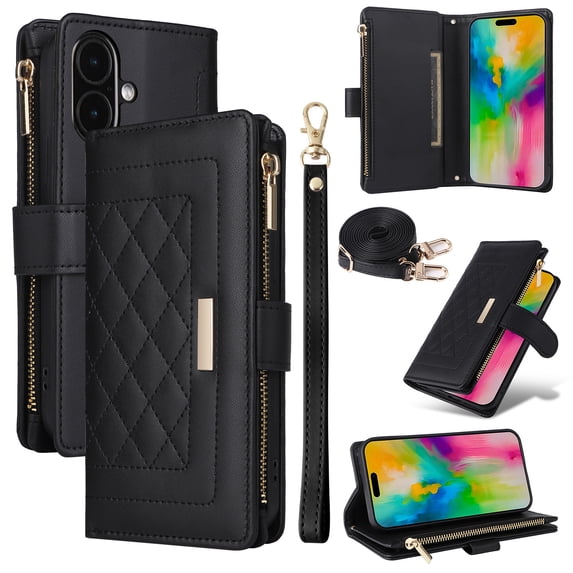 Allytechgroup Flip Wallet Phone Case for iPhone XS Max, Shockproof Case with Credit Card Slot Shoulder Strap Lanyard Zipper PU Leather Phone Case for Women Girls, Black