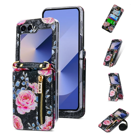 Allytechgroup Floral Series Galaxy Z Flip 4 Case Wallet - Fashionable Phone Case for Samsung Galaxy Z Flip 4 with Card Slots and Crossbody Shoulder Strap, Black