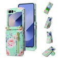 thumbnail image 1 of Allytechgroup Floral Series Galaxy Z Flip 5 Case Wallet - Fashionable Phone Case for Samsung Galaxy Z Flip 5 with Card Slots and Crossbody Shoulder Strap, Green, 1 of 12