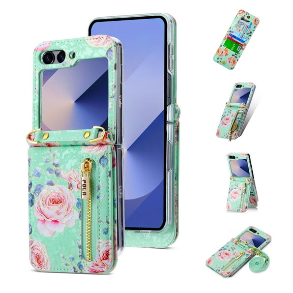 Allytechgroup Floral Series Galaxy Z Flip 5 Case Wallet - Fashionable Phone Case for Samsung Galaxy Z Flip 5 with Card Slots and Crossbody Shoulder Strap, Green