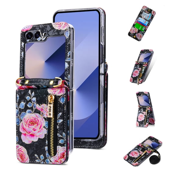 Allytechgroup Floral Series Galaxy Z Flip 6 Case Wallet - Fashionable Phone Case for Samsung Galaxy Z Flip 6 with Card Slots and Crossbody Shoulder Strap, Black