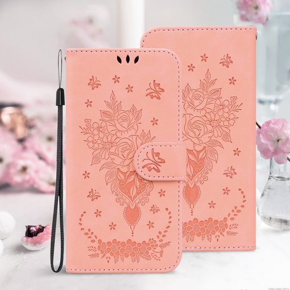 Allytechgroup Flower Embossed Flip Stand Cards Slots Shockproof Hand Wrist Wallet Case Cover for Apple iPhone 15, Pink