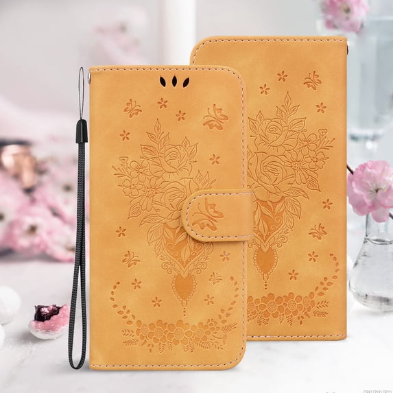 Allytechgroup Flower Embossed Flip Stand Cards Slots Shockproof Hand Wrist Wallet Case Cover for Apple iPhone 15 Pro Max, Yellow