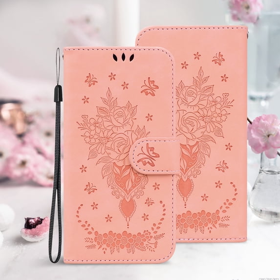 Allytechgroup Flower Embossed Flip Stand Cards Slots Shockproof Hand Wrist Wallet Case Cover for Samsung Galaxy A15 5G, Pink