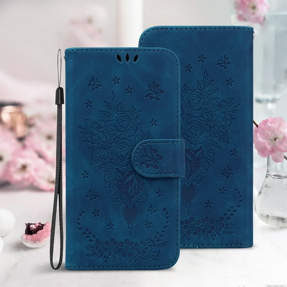 Allytechgroup Flower Embossed Flip Stand Cards Slots Shockproof Hand Wrist Wallet Case Cover for  Samsung Galaxy S24, Blue