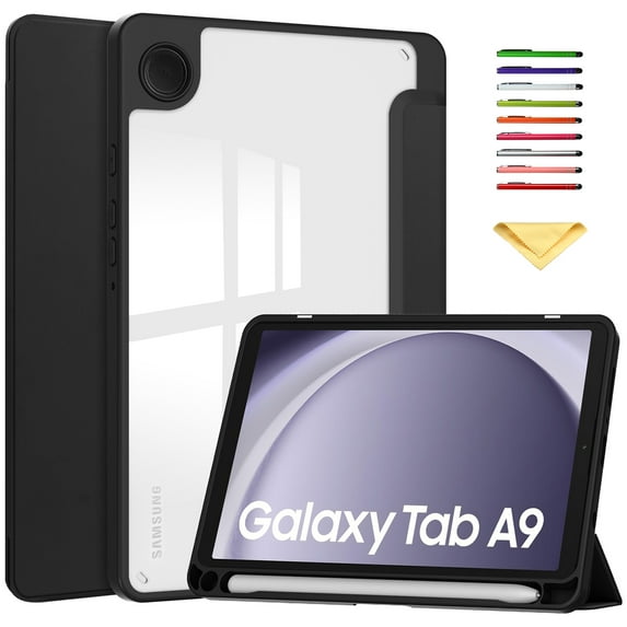 Allytechgroup Folio Case for Samsung Galaxy Tab A9 8.7 Inch 2023 (SM-X110/X115/X117), Slim Trifold Stand Cover with Pencil Holder, Clear Back Shell, Shockproof TPU Bumper Frame Tablet Cover, Black