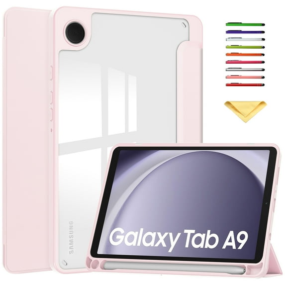 Allytechgroup Folio Case for Samsung Galaxy Tab A9 8.7 Inch 2023 (SM-X110/X115/X117), Slim Trifold Stand Cover with Pencil Holder, Clear Back Shell, Shockproof TPU Bumper Frame Tablet Cover, Rosegold