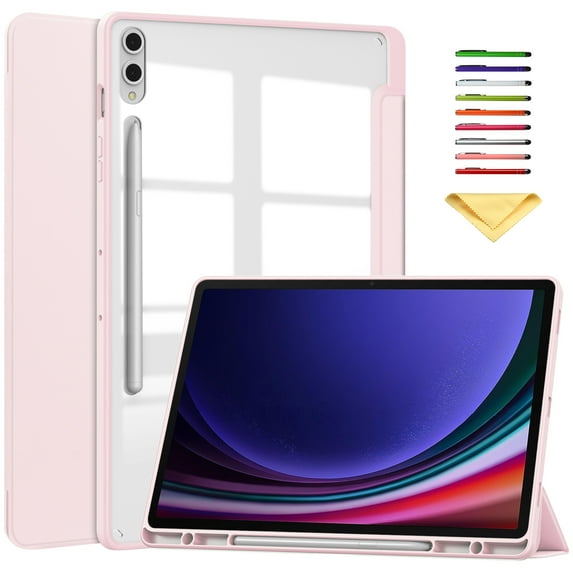 Allytechgroup Folio Case for Samsung Galaxy Tab S9+/S9 Plus 12.4 inch Tablet 2023 (Model: SM-X810/X816B/X818U), Slim Trifold Stand Cover with Pencil Holder Clear Back Shell Shockproof Cover, Rosegold