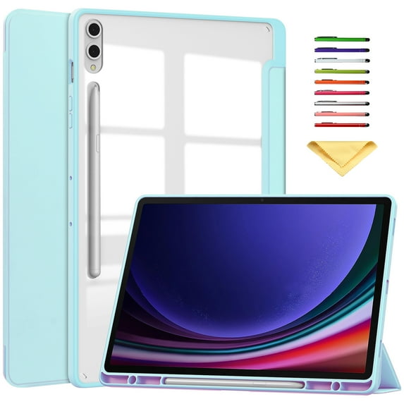 Allytechgroup Folio Case for Samsung Galaxy Tab S9+/S9 Plus 12.4 inch Tablet 2023 (Model: SM-X810/X816B/X818U), Slim Trifold Stand Cover with Pencil Holder Clear Back Shell Shockproof Cover, Skyblue