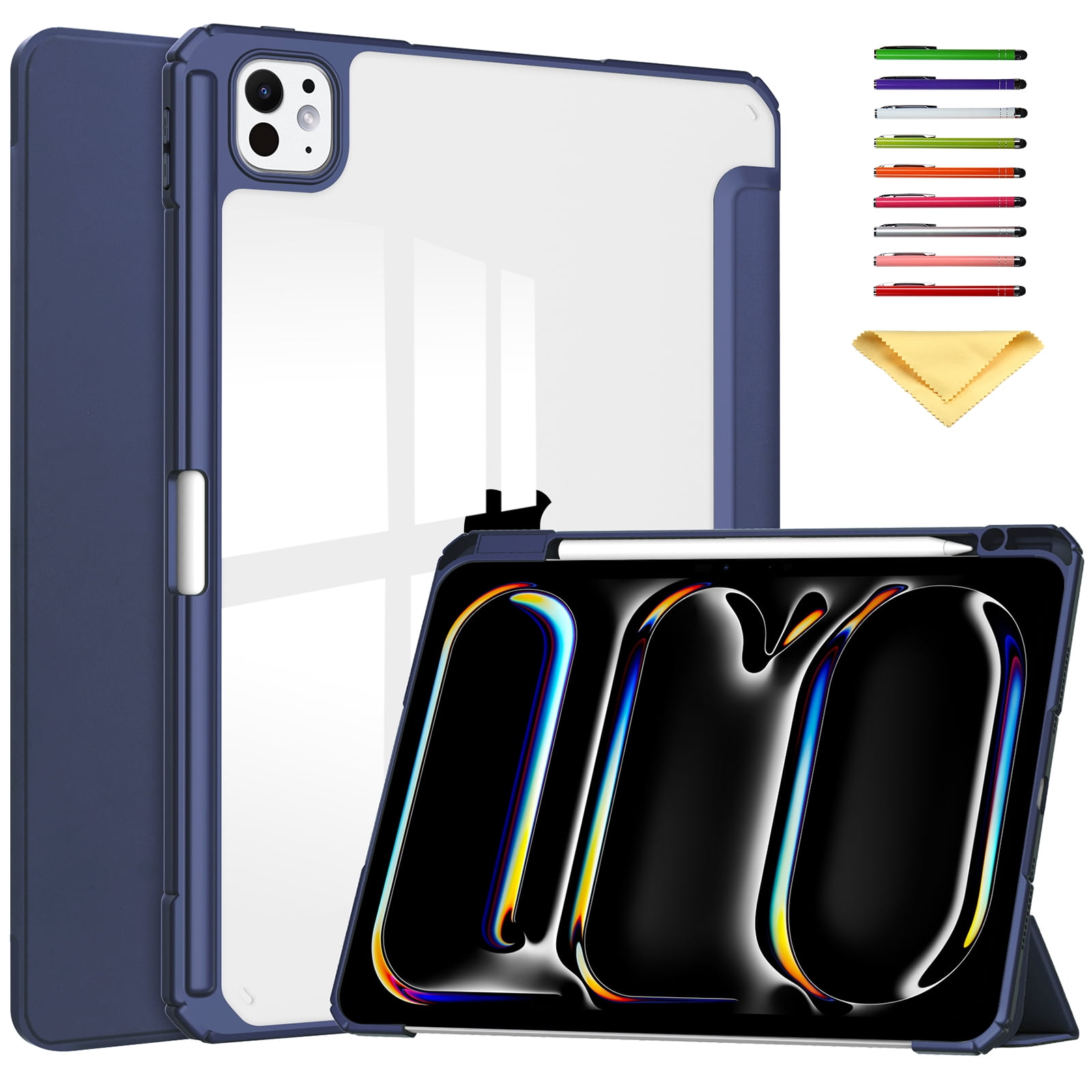 Allytechgroup Folio Stand Case for iPad Pro 13 inch M4 (2024) with Clear Transparent Back & Soft TPU Shockproof Frame Cover [Pencil Holder] [Auto Sleep/Wake] Smart Lightweight Trifold Shell, Darkblue