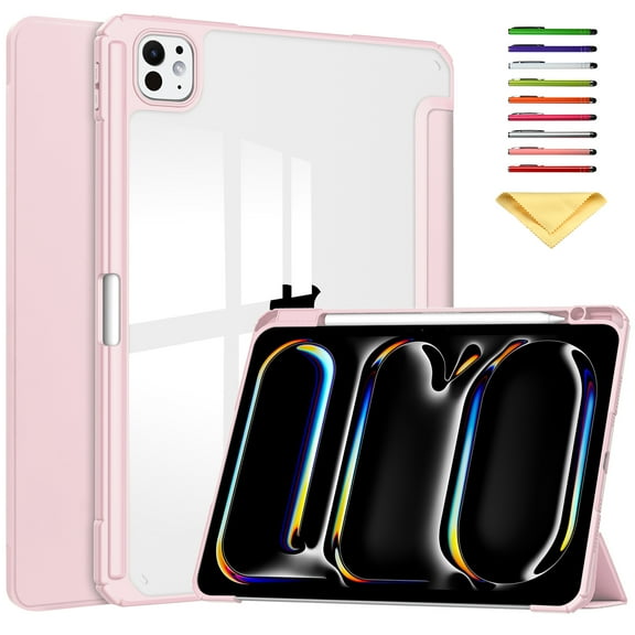 Allytechgroup Folio Stand Case for iPad Pro 13 inch M4 (2024) with Clear Transparent Back & Soft TPU Shockproof Frame Cover [Pencil Holder] [Auto Sleep/Wake] Smart Lightweight Trifold Shell, Rosegold