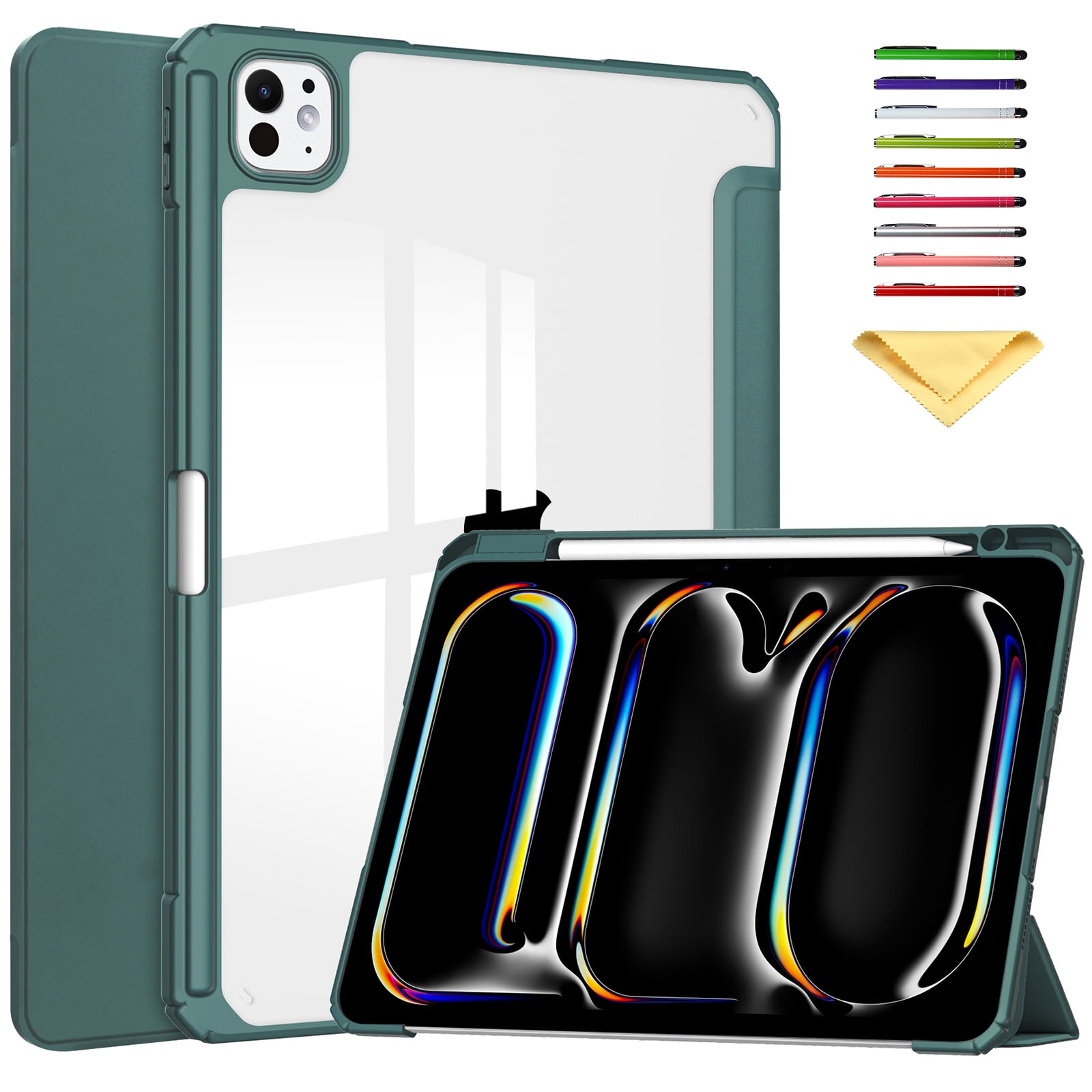 Allytechgroup Folio Stand Case for iPad Pro 13 inch M4 (2024) with Clear Transparent Back & Soft TPU Shockproof Frame Cover [Pencil Holder] [Auto Sleep/Wake] Smart Lightweight Trifold Shell, Darkgreen