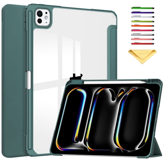 Allytechgroup Folio Stand Case for iPad Pro 13 inch M4 (2024) with Clear Transparent Back & Soft TPU Shockproof Frame Cover [Pencil Holder] [Auto Sleep/Wake] Smart Lightweight Trifold Shell, Darkgreen