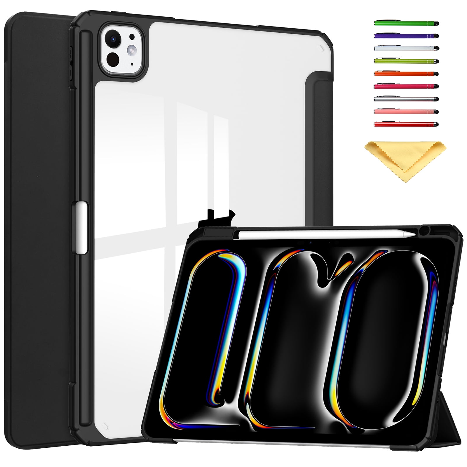 Allytechgroup Folio Stand Case for iPad Pro 13 inch M4 (2024) with Clear Transparent Back & Soft TPU Shockproof Frame Cover [Pencil Holder] [Auto Sleep/Wake] Smart Lightweight Trifold Shell, Black