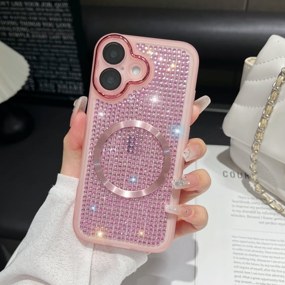 Allytechgroup For iPhone 14 Pro Case with Magnetic, Luxury Sparkly Diamond Rhinestones with Wrist Strap Chain Women Girls Shockproof Bumper Protective Cover For iPhone 14 Pro, Pink