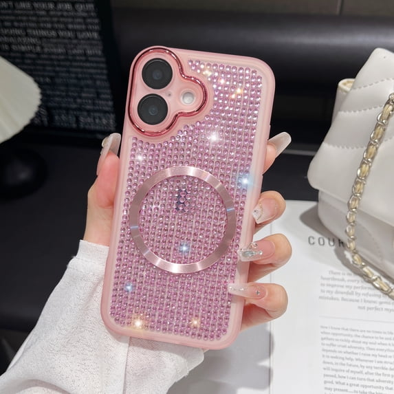 Allytechgroup For iPhone 16 Case with Magnetic, Luxury Sparkly Diamond Rhinestones with Wrist Strap Chain Women Girls Shockproof Bumper Protective Cover For iPhone 16, Pink