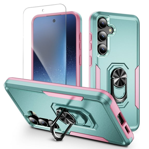 Allytechgroup Galaxy A16 5G Case, Rugged Phone Case for Samsung Galaxy A16 5G with 1 Screen Protector, Military Grade Protection, Ring Kickstand, PC+TPU Bumper Cover for Women Men, Green+Pink