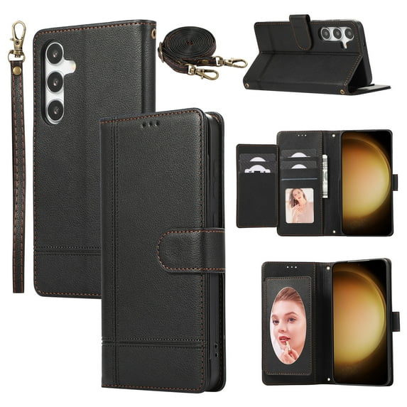Allytechgroup Galaxy A24 4G Case Wallet with Cards Slots +Makeup Mirror + Hand Wrist + Crossybody Shoulder Strap, RFID Blocking Flip Stand Anti-Scrartch Retro Case for Samsung Galaxy A24 4G, Black