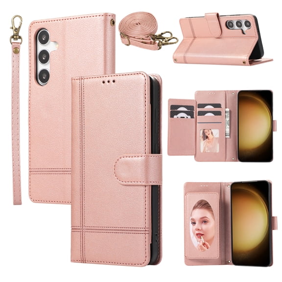 Allytechgroup Galaxy A24 4G Case Wallet with Cards Slots +Makeup Mirror + Hand Wrist + Crossybody Shoulder Strap, RFID Blocking Flip Stand Anti-Scrartch Retro Case for Samsung Galaxy A24 4G,Rosegold
