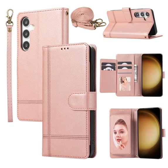 Allytechgroup Galaxy A25 5G Case Wallet with Cards Slots +Makeup Mirror + Hand Wrist + Crossybody Shoulder Strap, RFID Blocking Flip Stand Anti-Scrartch Retro Case for Samsung Galaxy A25 5G,Rosegold